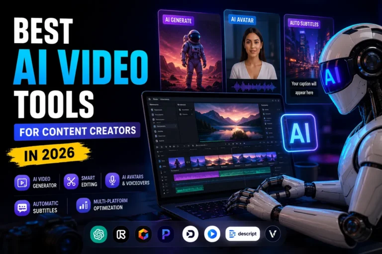 AI Video Tools for Content Creators featured image showing futuristic AI video editing software, AI avatars, automatic subtitles, cinematic video generation, and smart AI video creation technology in 2026.