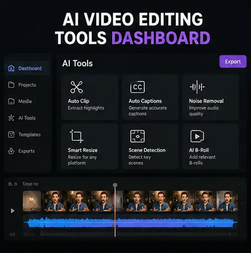 AI video editing tools dashboard for captions, clipping, resizing, and editing
