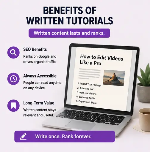 Benefits of written tutorials for SEO traffic and long term content value