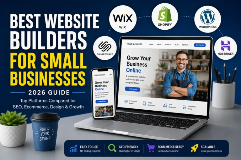 Best website builders for small businesses comparison showing Wix, Shopify, WordPress, Squarespace, and Hostinger platforms on modern business website screens.