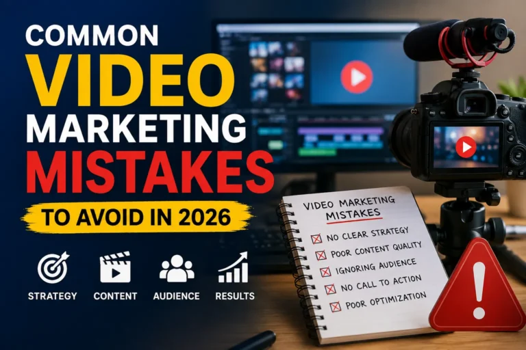 Common video marketing mistakes to avoid in 2026 with camera setup and video editing workspace
