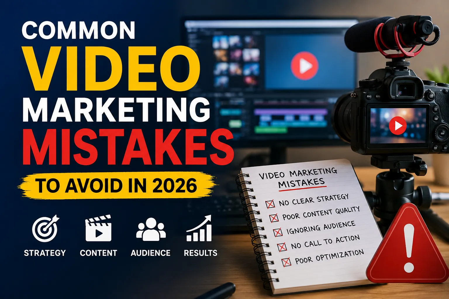Common video marketing mistakes to avoid in 2026 with camera setup and video editing workspace