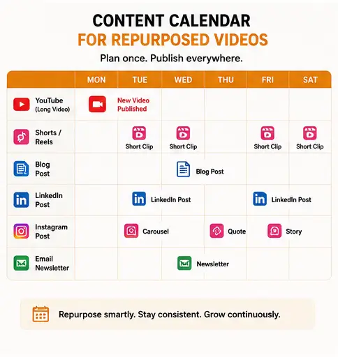 Content calendar for scheduling repurposed video content across platforms