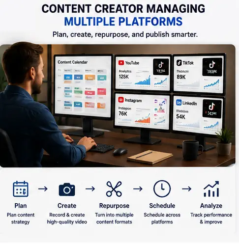 Content creator managing multiple platforms and repurposed content workflow
