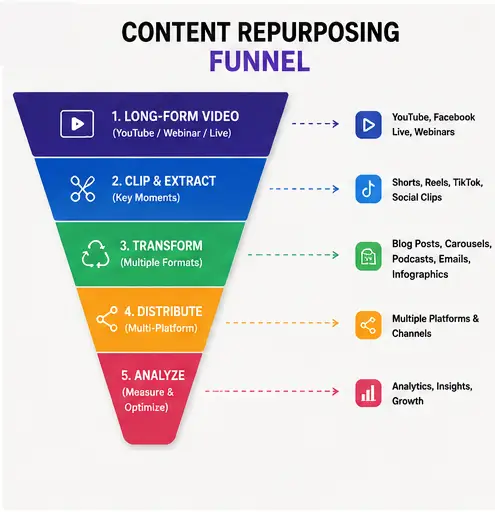 Content repurposing funnel from long form video to multi platform distribution