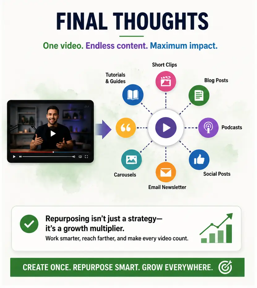 Final thoughts on repurposing one video into multiple content pieces for growth and reach