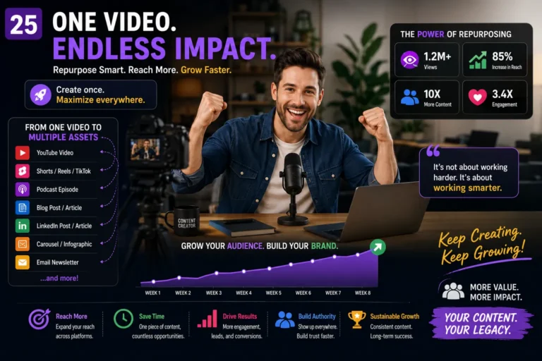 Happy content creator growing audience and brand using Repurpose One Video Into Multiple Content Pieces across multiple platforms