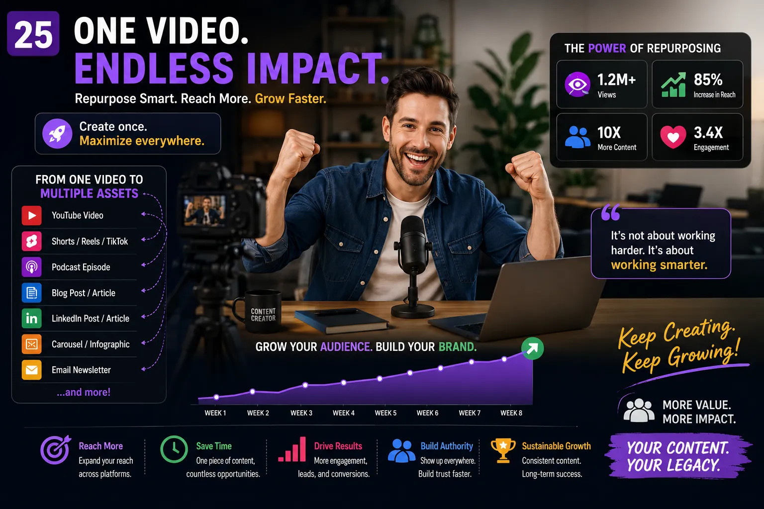 Happy content creator growing audience and brand using Repurpose One Video Into Multiple Content Pieces across multiple platforms