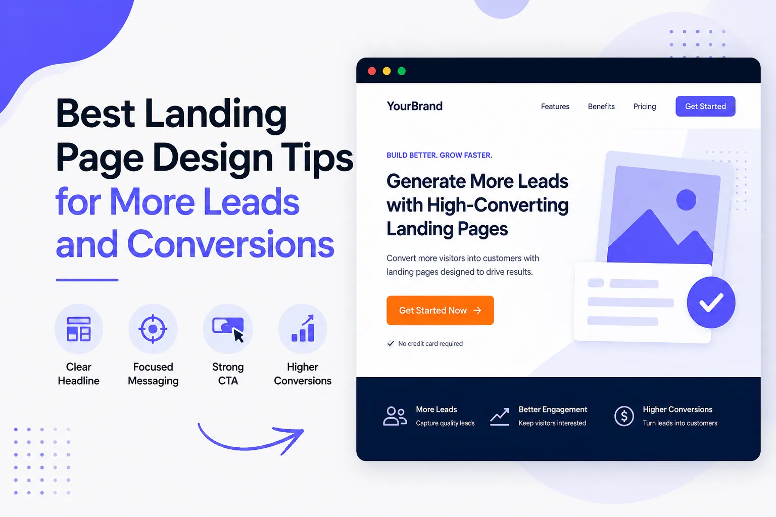 Landing page design tips featured image showing high converting website layout, CTA buttons, lead generation strategy, and conversion optimization elements.
