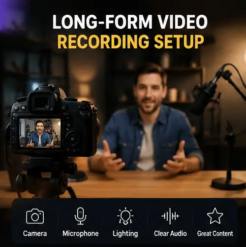 Long form video recording setup with camera, microphone, lighting, and clear audio
