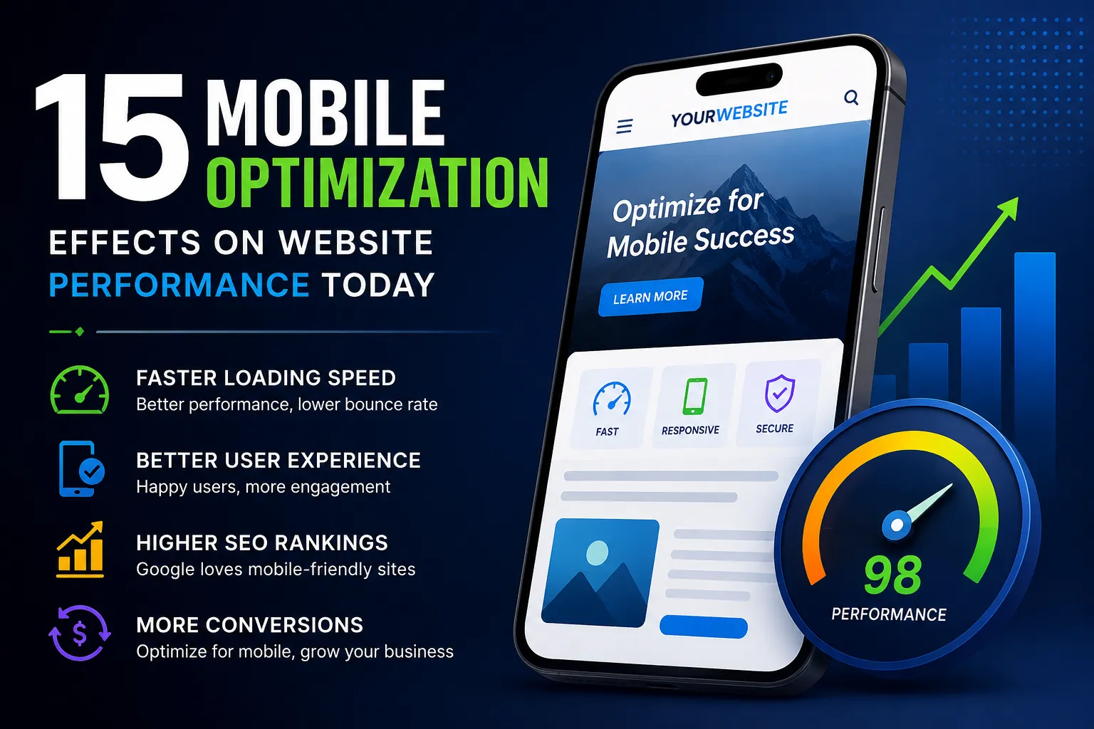 Mobile optimization website performance featured image with smartphone, fast loading website dashboard, responsive web design elements, SEO growth graphics, and modern business website interface.