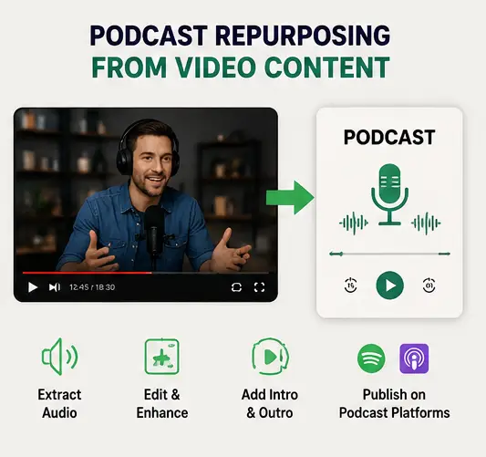 Podcast repurposing from video content with audio extraction and publishing