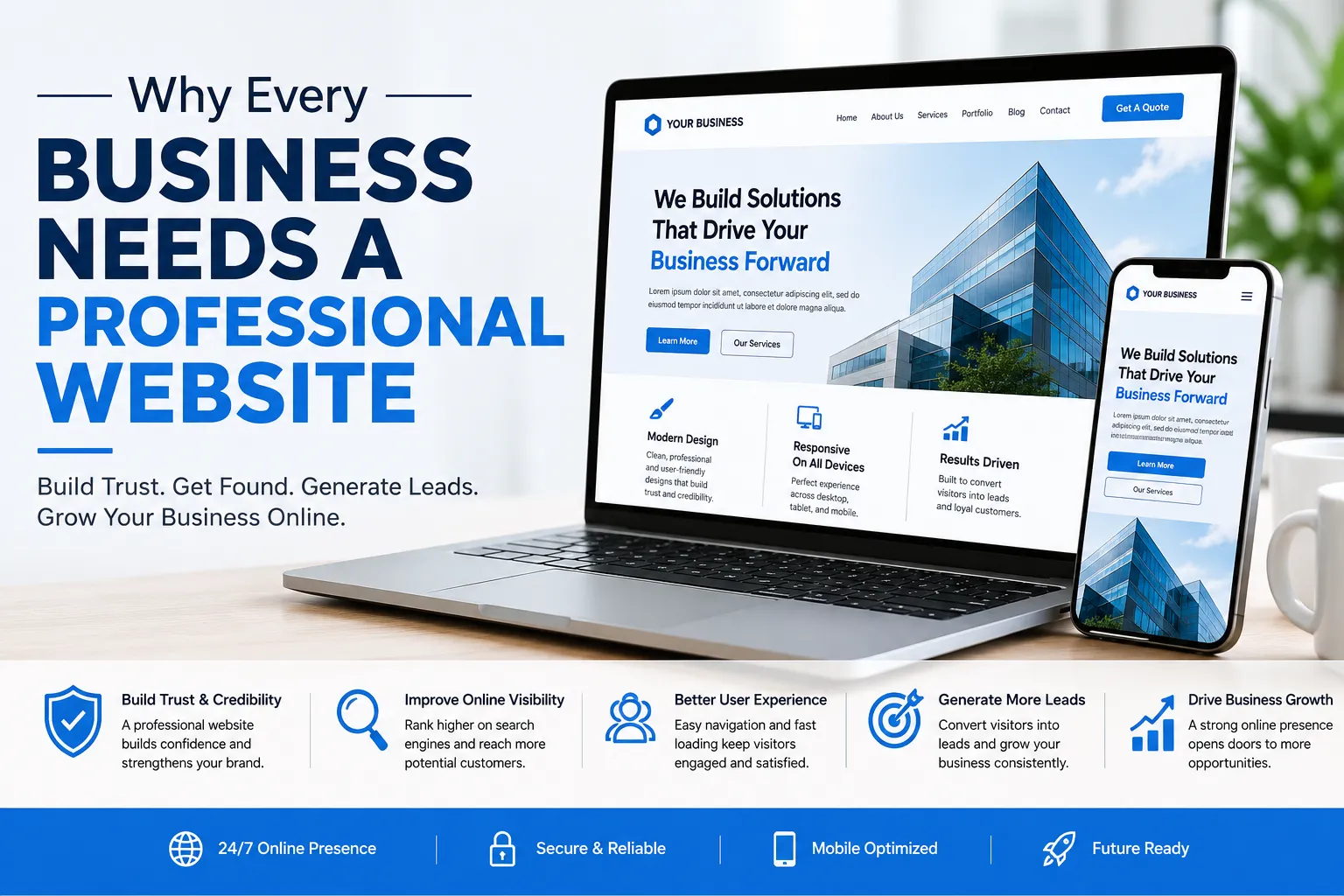 Professional business website design displayed on laptop and mobile devices for online growth and digital marketing success