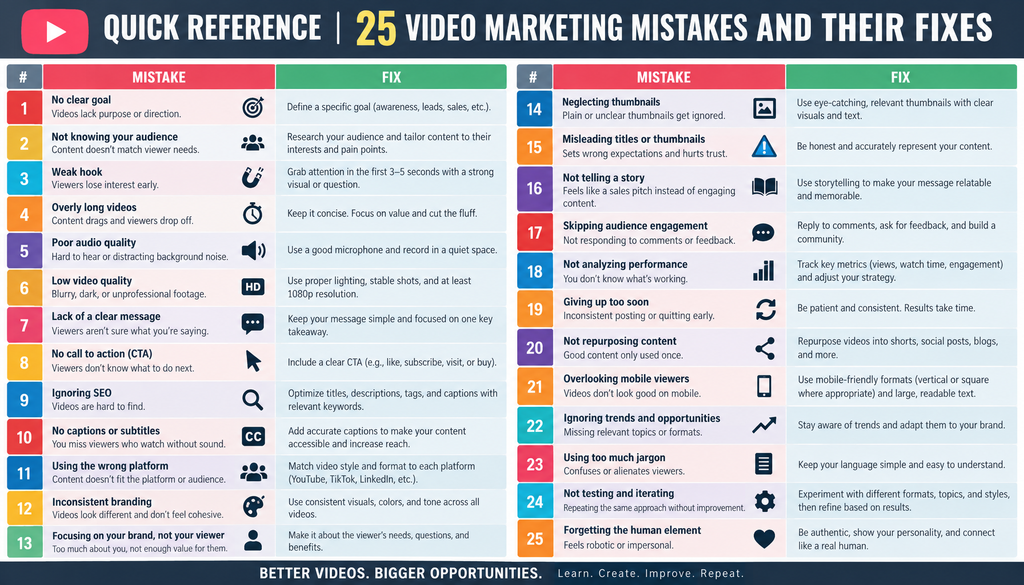 Quick Reference 25 Video Marketing Mistakes and Their Fixes
