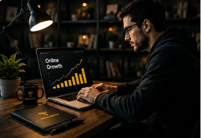 Tasknestly online growth workspace with man working on laptop in modern office