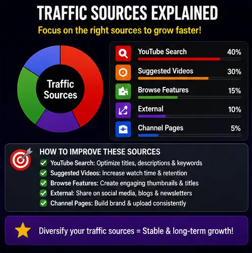 Traffic Sources Explained for YouTube Growth Infographic