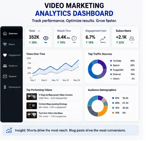 Video marketing analytics dashboard tracking content performance and engagement