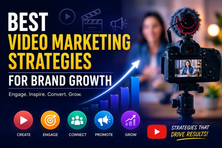 Video marketing strategies featured image showing business growth, social media video content, and digital brand promotion.