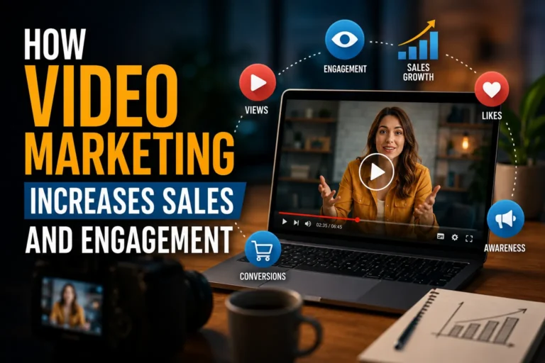 Video marketing workspace showing creator recording content with analytics icons for sales growth, engagement, conversions, and brand awareness on a laptop screen.