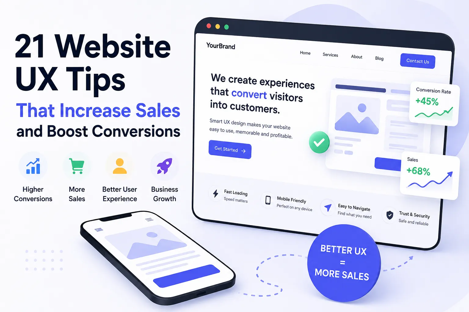 Website UX tips featured image showing responsive web design, mobile user experience, conversion optimization, and website sales growth illustration.