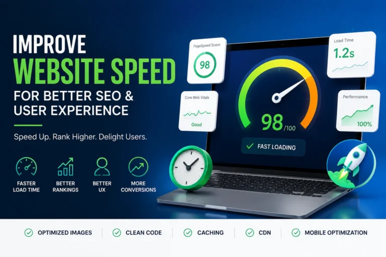 Website speed optimization featured image showing SEO performance improvements, Core Web Vitals metrics, faster loading times, and better user experience on a modern laptop dashboard.