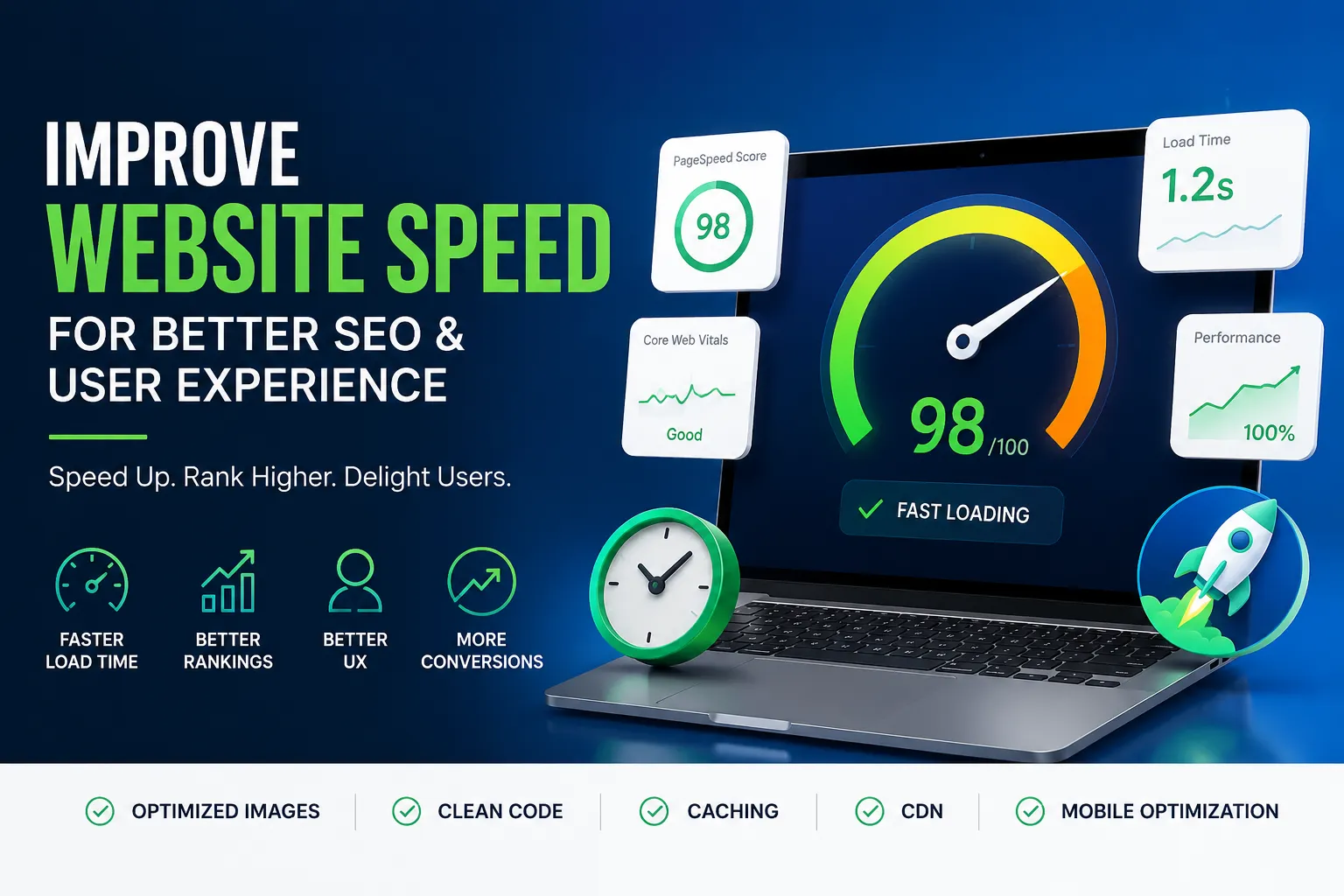 Website speed optimization featured image showing SEO performance improvements, Core Web Vitals metrics, faster loading times, and better user experience on a modern laptop dashboard.
