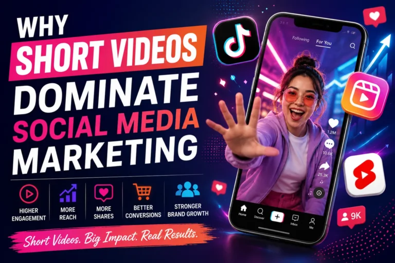 Why short videos dominate social media marketing featured image with TikTok, Instagram Reels, YouTube Shorts, smartphone video creator, viral engagement icons, and modern digital marketing design.