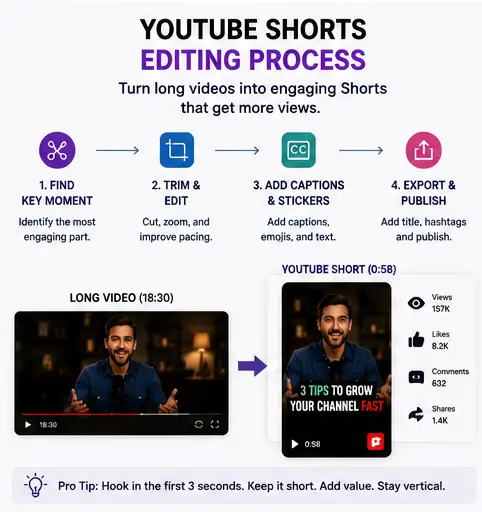 YouTube Shorts editing process from long form video
