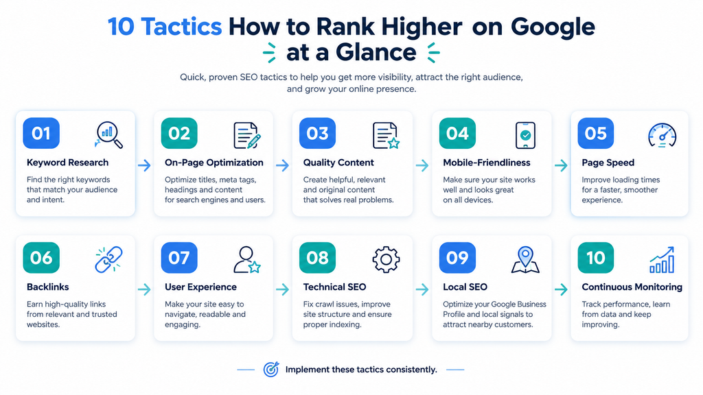 10 Tactics How to Rank Higher on Google at a Glance