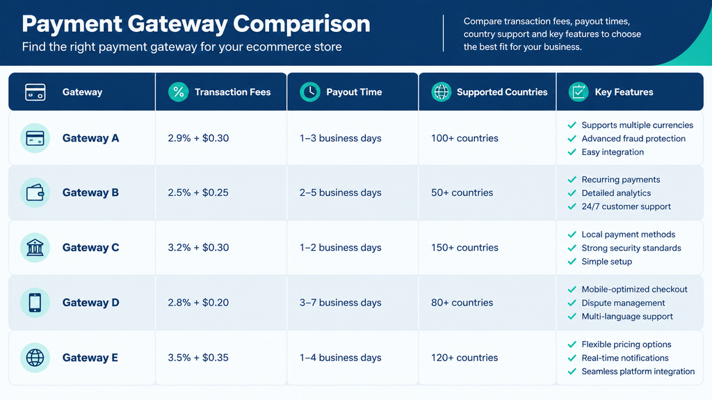 Payment Gateway Comparison Table for Ecommerce Stores