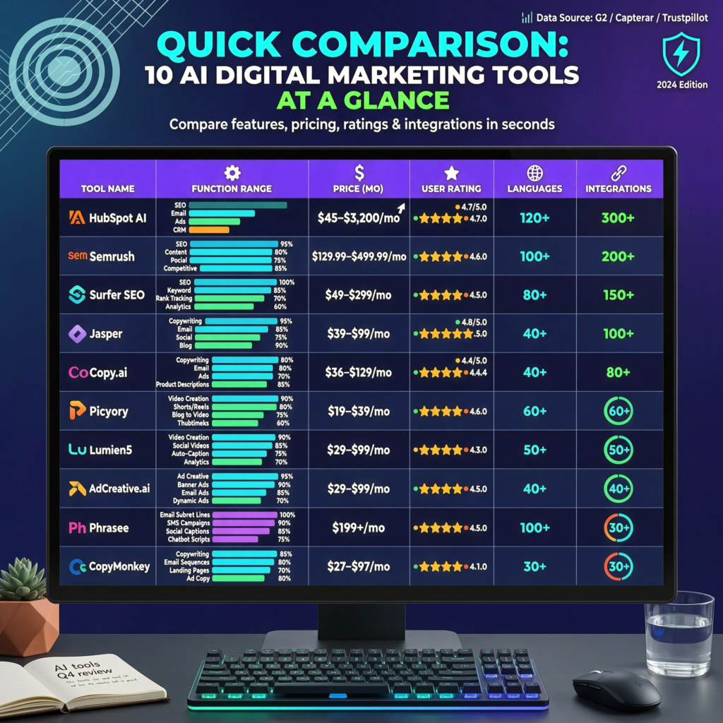 Quick Comparison 10 AI Digital Marketing Tools at a Glance