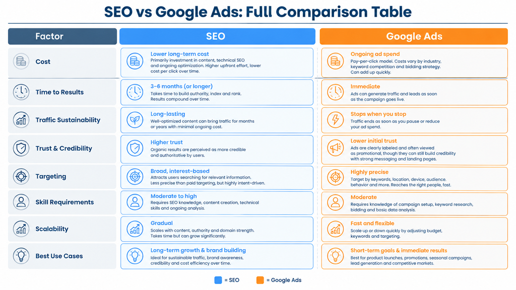 SEO vs Google Ads Full Comparison Table