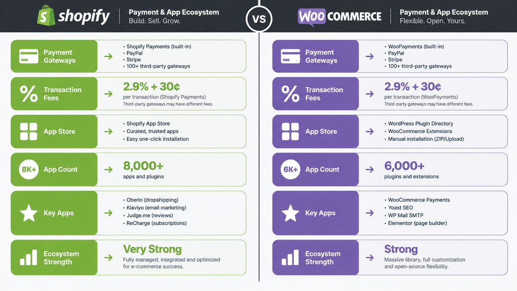 Shopify vs WooCommerce Payment and App Ecosystems