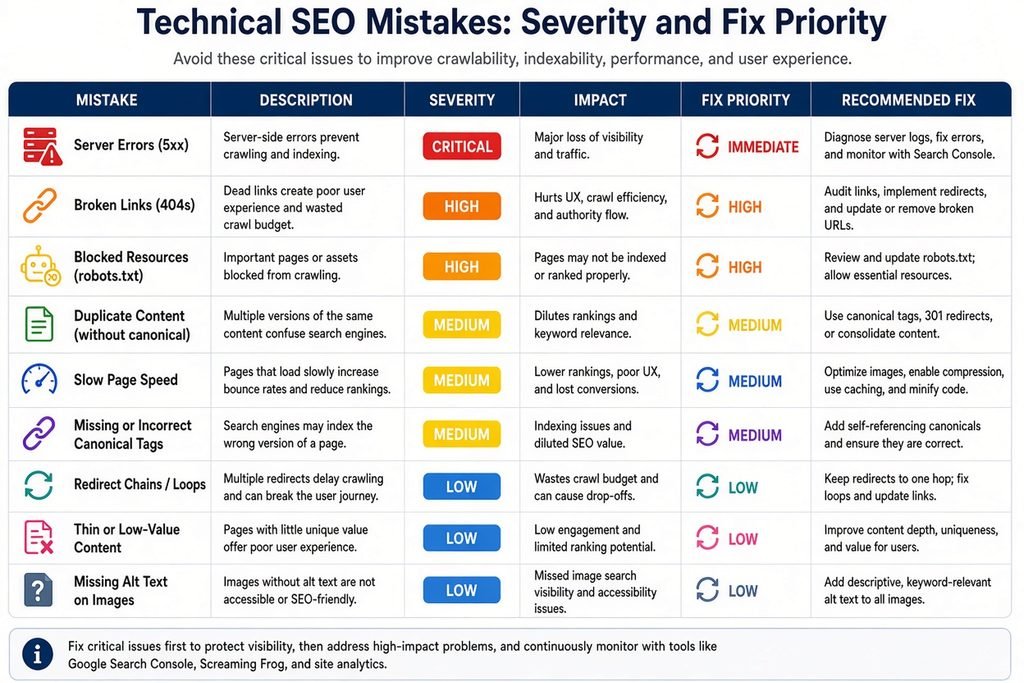 Technical SEO Mistakes Severity and Fix Priority